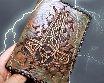 Hand Tooled Leather Passport Holder: Thor's Hammer Celtic Design