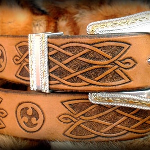 Hand tooled leather belt with Celtic ornament Hand carved leather gift for him Exclusive gift for ages image 2