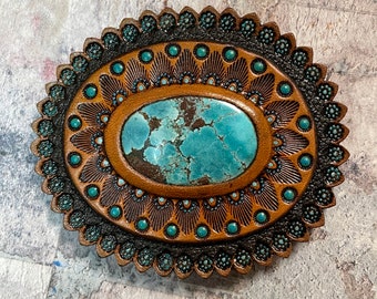 Hand tooled leather concho with turquoise - Natural gemstone accessory - Gemstone for a bag - Bag accessory - Bag maker’s supply