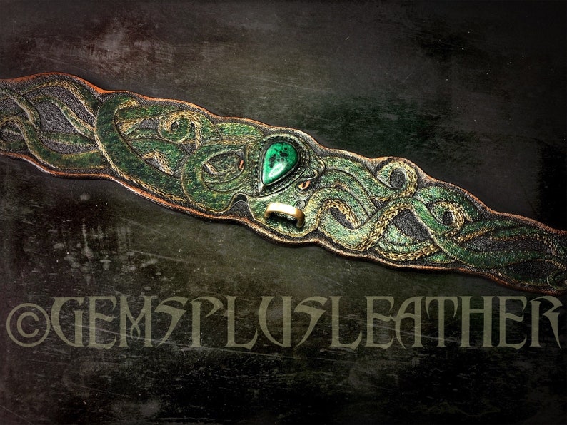 Hand tooled and hand painted leather dog collar with malachite octopus Stylish artisan accessories by Gemsplusleather image 4