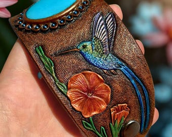 Tooled Leather Hummingbird Cuff Bracelet: Hand-Painted Turquoise Jewelry