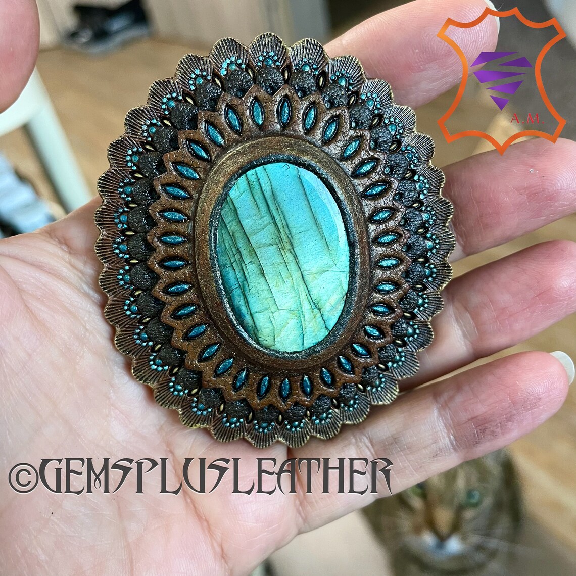 Hand Tooled Leather Concho With Labradorite Natural Gemstone Etsy