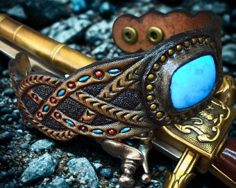 Tooled Leather Bracelet with Turquoise, Boho Style