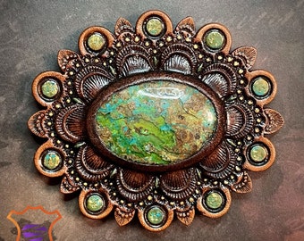 Hand tooled leather concho with chrysocolla cabochon - Natural gemstone accessory - Gemstone for a bag - Bag accessory - Bag maker’s supply