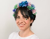 Killegray - Corona de flores rosa, verde, azul y morado para invitada de boda, corona de flores para novia, tocado floral, tocado de flores