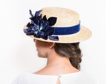 Straw hat,  boater hat, straw boater hat, summer hat, beach hat, sun hat, summer wedding hat, canotier hat, navy blue hat, straw women hat,