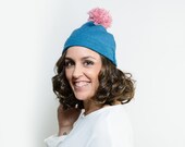 WALLACE - Gorro azul con pompón rosa, gorro de invierno, gorro con pompom de lana, regalo navidad hecho a mano, black friday