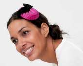 Ederline - Tocado Fucsia y Negro, tocado de plumas, tocado con velo, tocado rosa fucsia, tocado negro, invitada de boda, tocado mariposas