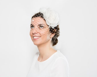 Isla - Bride birdcage veil, White fascinator with veil, bride floral headpiece, white cocktail hat, ivory fascinator veil, bridal headpiece