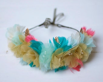 Glasgow - Floral Crown made with flowers, feathers and leaves