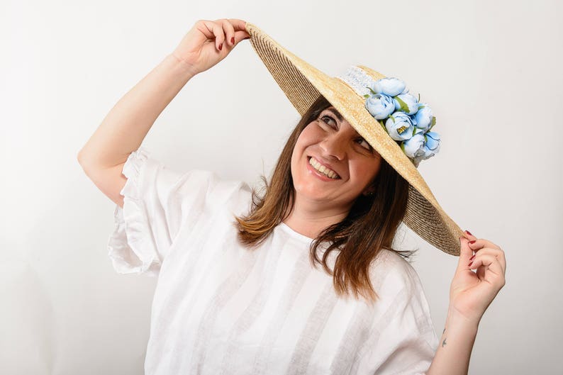 Chapeau de paille pour femmes, chapeau de soleil pour femmes, chapeau de plage souple, chapeau de lune de miel d'été, couverture de plage, quelque chose de bleu, vêtements de villégiature pour femmes image 3