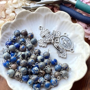 Dark blue and tan beaded rosary making kit, 8mm beads, DIY rosary.