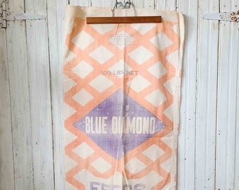 Vintage Feed Sack ~ Blue Diamond ~ Rustic, Farmhouse, Cottage, Shabby Chic Decor