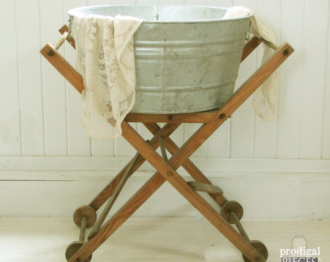 Antique Folding Wooden Laundry Cart With Galvanized Wash Basin Rustic
