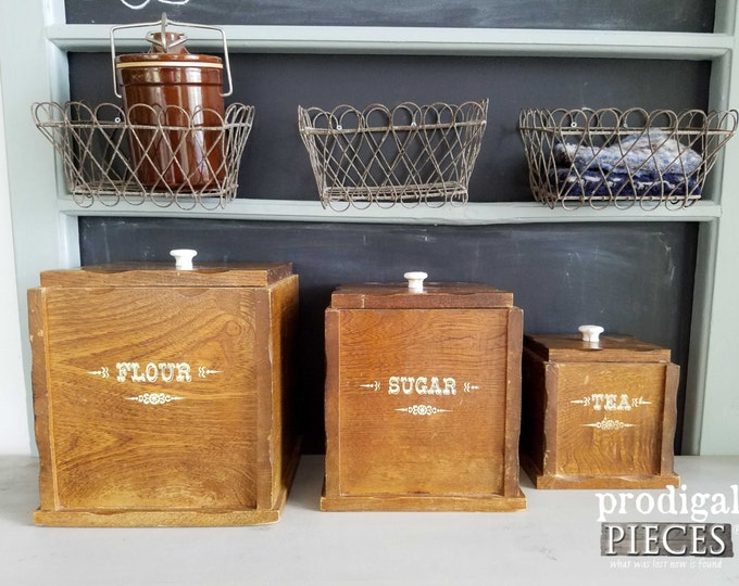 Vintage Wooden Kitchen Canisters With Lids Set of 3 Farmhouse Cottage