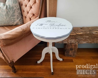 Antique Side Table ~ French Script~ Pedestal ~ Farmhouse, Shabby Chic, Cottage Style Home Decor