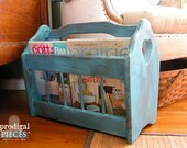 RESERVED ~ Vintage Blue Wooden Magazine Rack Crafting Holder with Heart Cut-Out ~ Rustic Farmhouse Cottage Style Decor