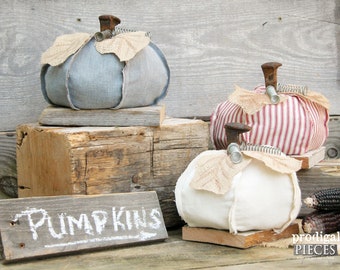 Fall Farmhouse Fabric Pumpkin ~ Linen Denim Burlap ~ Shabby Chic, Cottage Style Home Decor