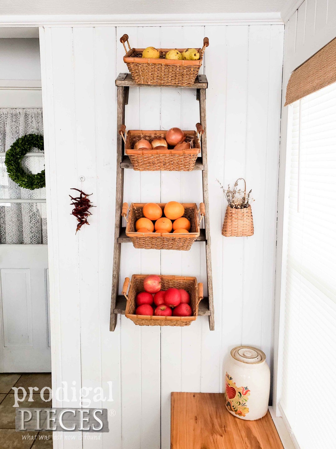 Farmhouse Ladder Wall Storage With Baskets Reclaimed Etsy