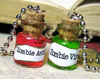 Zombie Virus & Antivirus 0.5ml Glass Bottle Necklace Charm Set - Cork Vial Pendant - Zombies Walking Dead Cure