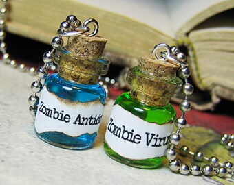 Zombie Virus & Antidote 0.5ml Glass Bottle Necklace Charm Set - Cork Vial Pendant - Zombies Walking Dead Cure