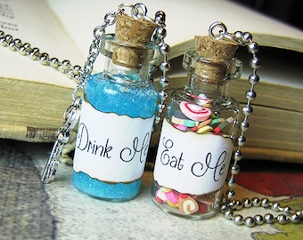 EAT Me & DRINK Me Alice in Wonderland 2ml Glass Bottle Necklace Charm - Cork Vial Pendants - Glow in the Dark Halloween Charm