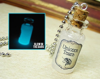 Unicorn Tears 2ml Glass Bottle Necklace Charm - Glow in the Dark Cork Vial Pendant - Magic