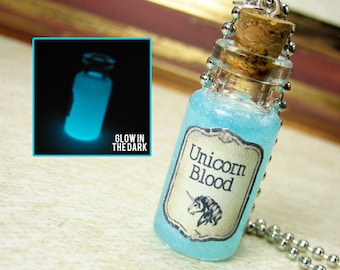 Unicorn Blood 2ml Glass Bottle Necklace Charm - Glow in the Dark Cork Vial Pendant - Magic Kawaii