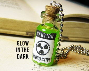 Radioactive 2ml Glass Bottle Necklace Charm - Glow-in-the-Dark Danger Poison Toxic Slime Vial - Halloween Pendant