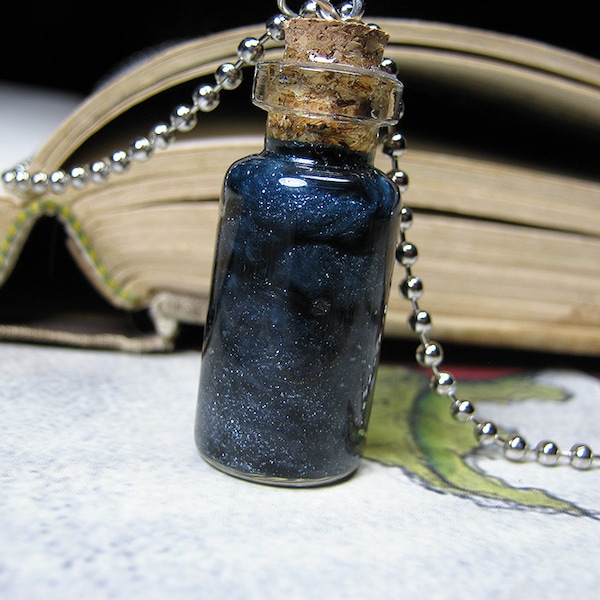 Night Sky and Stars in a Bottle Necklace Charm - Dark Clouds Cork Glass Vial Pendant - Kawaii