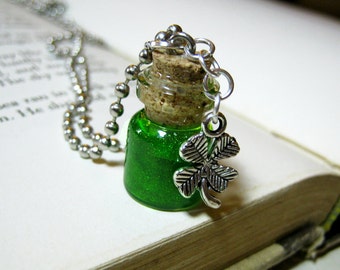 Good Luck 0.5ml Glass Bottle Necklace Charm - Bottle Of Luck Cork Vial Pendant - Liquid Luck