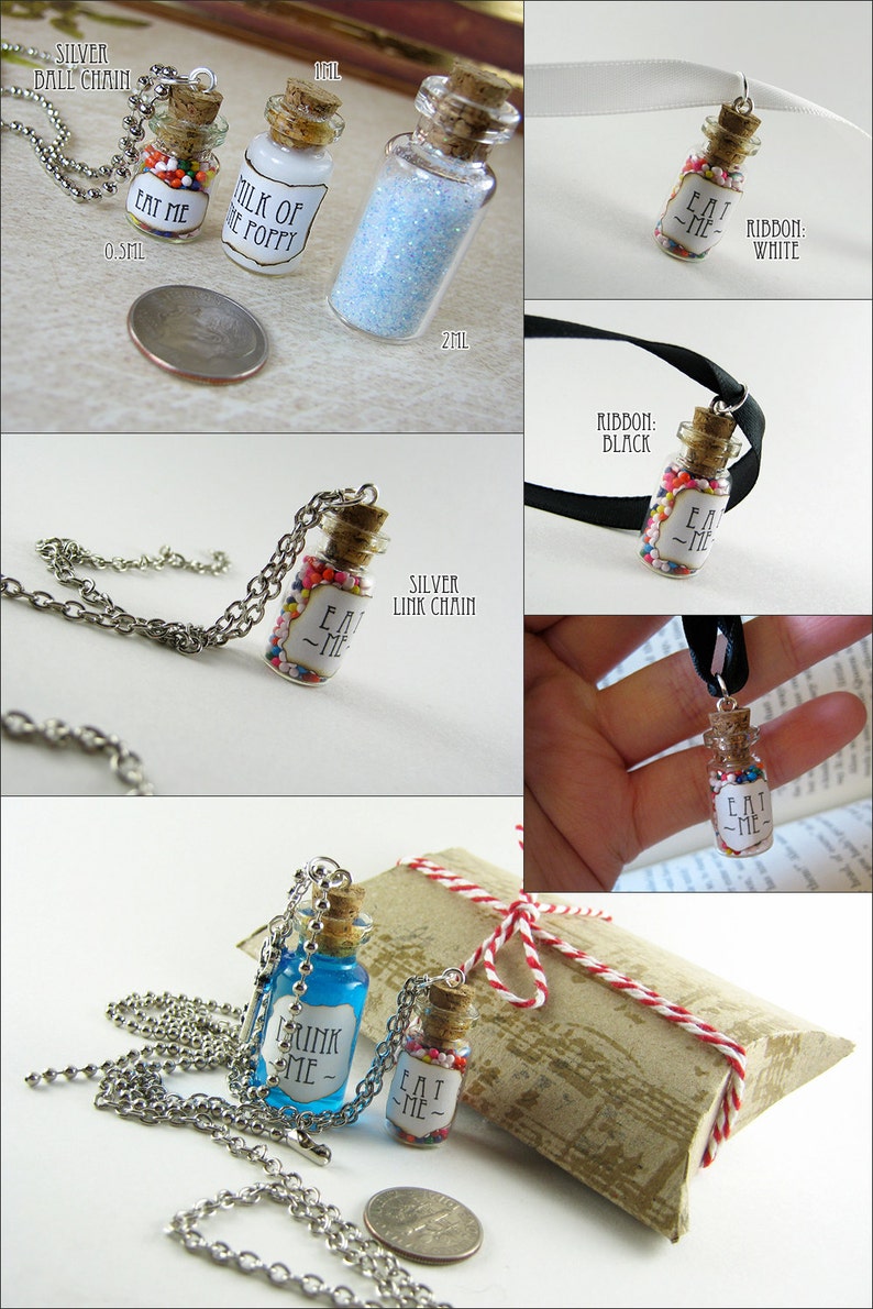 Drink Me Alice in Wonderland 0.5ml Glass Bottle Necklace Charm Cork Vial Pendant Christmas Fantasy image 5