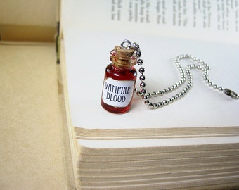 Vampire Blood 1ml Glass Bottle Necklace Charm - Cork Vial Pendant - V Vampire's Blood Halloween