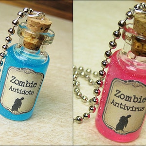 Zombie Antidote & Antivirus 2ml Bottle Necklace Charm Set Cork Vial Pendant Halloween Potion Walking Dead Friendship Zombies Set image 1