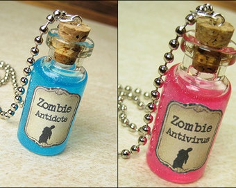 Zombie Antidote & Antivirus 2ml Bottle Necklace Charm Set - Cork Vial Pendant - Halloween Potion Walking Dead - Friendship Zombies Set