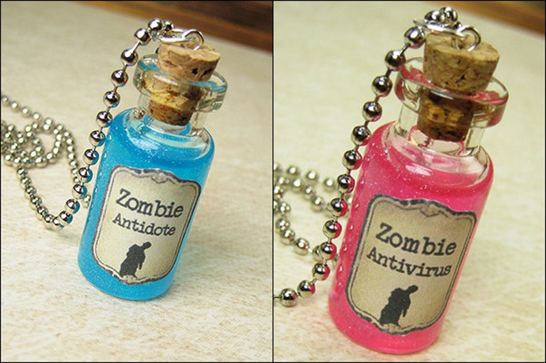 Zombie Antidote & Antivirus 2ml Bottle Necklace Charm Set Cork Vial Pendant Halloween Potion Walking Dead Friendship Zombies Set image 1