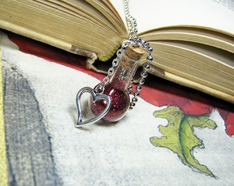 Love Potion Glass Bottle Necklace Charm - Round Bulb Flask Vial Pendant - Valentine's Heart