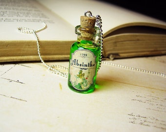 Absinthe Glass Bottle Necklace Charm - Green Fairy Cork Vial Pendant - Halloween Alcohol