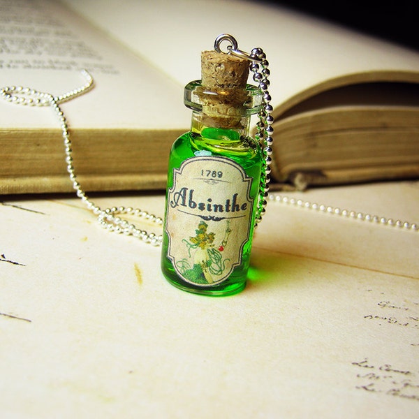 Absinthe Glass Bottle Necklace Charm - Green Fairy Cork Vial Pendant - Halloween Alcohol