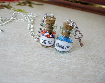 Drink Me & Eat Me Alice in Wonderland Bottle Necklace Charm With Key - Glass Vial Set - 0.5ml - Fairy Tale Halloween