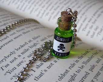 Zombie Virus 1ml Glass Bottle Necklace Charm - Walking Dead Cork Vial Pendant - Potion Goth Fantasy