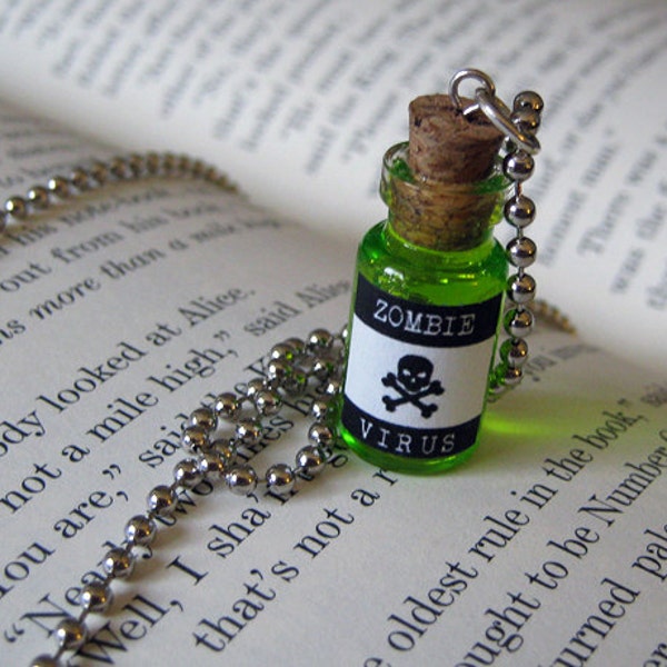 Zombie Virus 1ml Glass Bottle Necklace Charm - Walking Dead Cork Vial Pendant - Potion Goth Fantasy