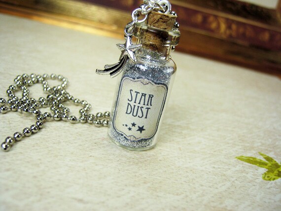 Handcrafted Fairy Dust Glitter Bottle Silver Plated Chain Necklace Charm Star