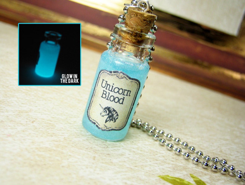 Unicorn Blood 2ml Glass Bottle Necklace Charm Glow in the Dark Cork Vial Pendant Magic Kawaii image 1