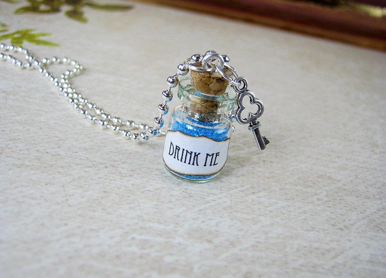 Drink Me Alice in Wonderland 0.5ml Glass Bottle Necklace Charm Cork Vial Pendant Christmas Fantasy image 2