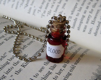 BLOOD 1ml Glass Bottle Necklace Charm - Cork Vial Pendant - Blood Halloween Goth Liquid Blood