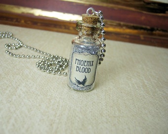 PHOENIX BLOOD 2ml Bottle Necklace Charm - Glass Cork Vial Pendant - Silver Phoenix's Blood - Phoenix