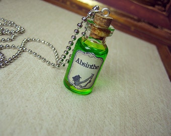 Absinthe 2ml Glass Bottle Necklace Charm - Glass Cork Vial Pendant - Absinthe Green Fairy Drink