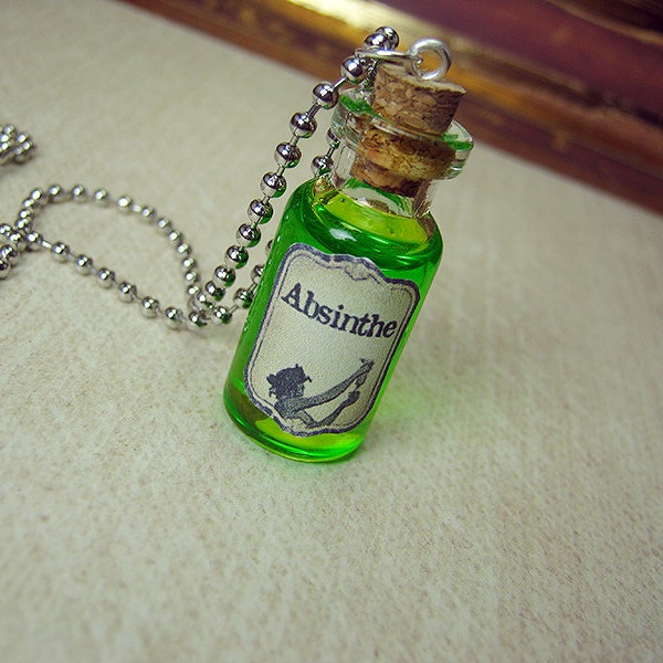 Absinthe 2ml Glass Bottle Necklace Charm - Glass Cork Vial Pendant - Absinthe Green Fairy Drink