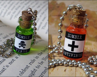 Zombie Virus & Anti-Virus 1ml Glass Bottle Necklace Charm Set - Zombie Cure Glass Vial Set - Zombie Antidote